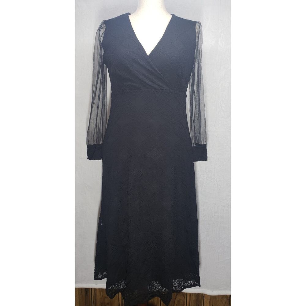 Victorian Black Lace Maxi Dress XL Mesh Sleeve Goth Steampunk Romantic Flare